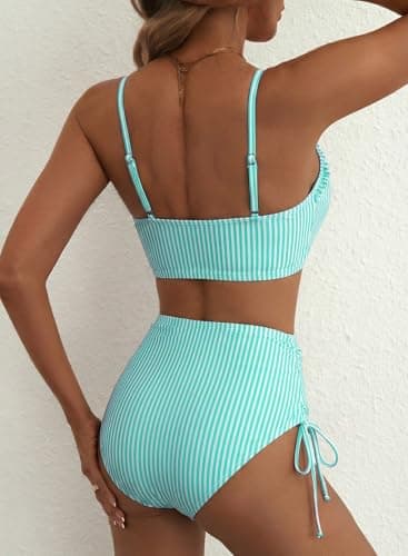 Herseas Women's Splice Ruffle Trim Bikini Sets Tie Side Wire Free Swim Suits 2026 Removable Pads High Waisted Stretchy Bathing Suits Green Stripes Vintage Holiday Teens Outfits X-Large - Thumbnail 2
