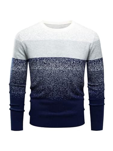 ALLOVIN Men’s Gradient Stripe Knit Sweater – Slim Fit, Soft Wool Blend, Warm & Stylish for Fall Winter | White Blue | Large - Image 1