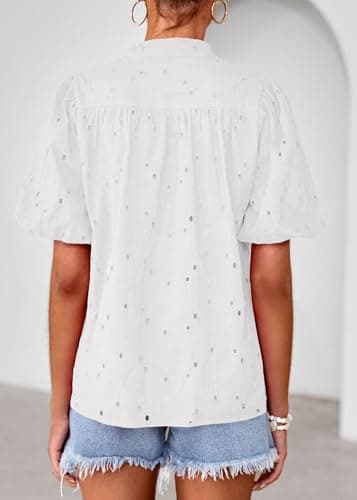 Lazysmile Summer Boho Tops for Women Short Sleeve V Neck Button Down Hollow Out Lace Embroidered Blouses Shirts White - Thumbnail 2