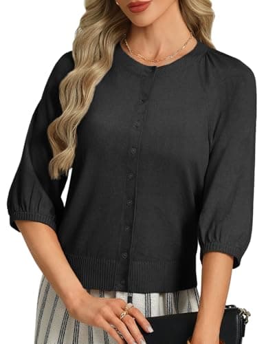 GRACE KARIN Women Puff Short Sleeve Cardigan Trendy Lightweight Open Front Knit Sweater Tops Black L - Image 1