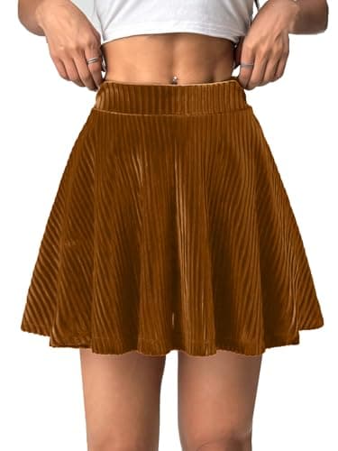 GAMISS Women's Velvet Brown Skirt, Casual Cute Mini Skirts with Shorts Underneath Elastic Waist Caramel Color Skort Brown S - Image 1