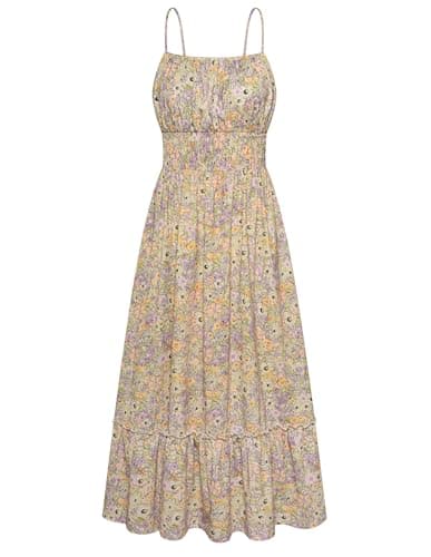 GRACE KARIN Summer Dresses for Women 2026 Vacation,Smocked Floral Maxi Dresses,Boho Beach Long Sundress Purple Green Floral M - Image 1