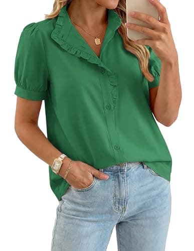 GRACE KARIN Women's 2026 Summer Short Sleeve Tops, Dressy Casual V Neck Blouses, Trendy Button Down Shirts Work Office Green M - Image 1
