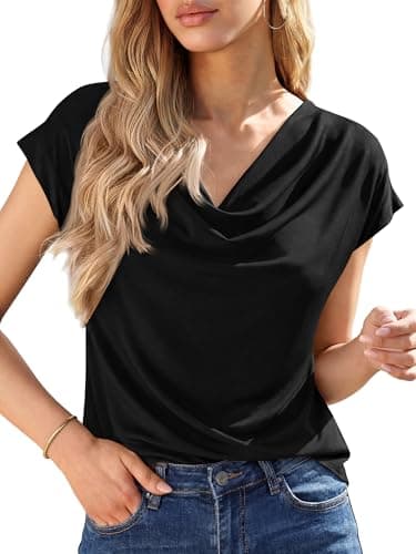 BTFBM Cowl Neck Tops for Women 2026 Spring Womens Tops Dressy Casual Business Blouses Short Sleeve Shirts Summer Outfits(Black, Medium) - Image 1