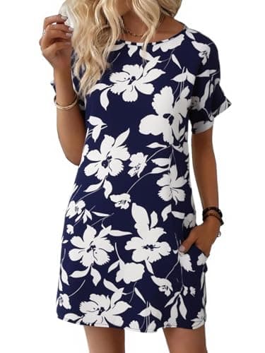 Wenrine Womens Summer Dress 2025 Floral T Shirt Dress Casual Cap Sleeve Crewneck Loose Boho Shift Mini Dresses Navy - Image 1