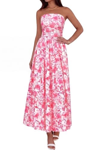BTFBM Summer Maxi Dresses for Women 2026 Strapless Tube Top Floral Spring Wedding Guest Dress Beach Vacation Outfits(Pink Flower, XX-Large) - Image 1