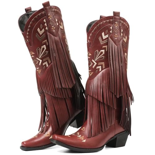 SaraIris Women's Red Cowgirl Boots Knee High Fringe Tassel Western Pointed Toe Cowboy Boots - Image 1
