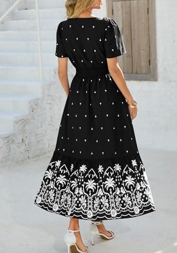 BTFBM Womens Summer Dresses 2026 Casual Short Sleeve Elastic Waist Flowy Beach Vacation Floral Boho Maxi Dress Pockets (Black White Flower, Small) - Thumbnail 3
