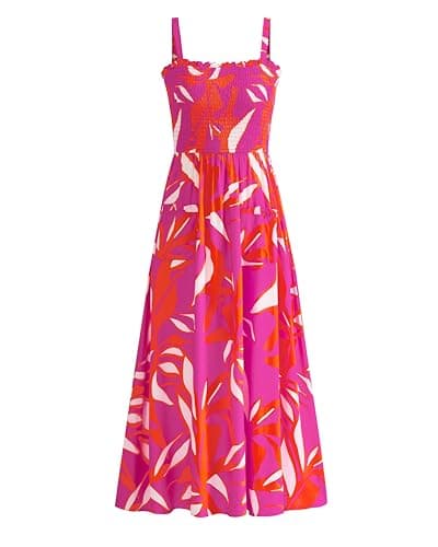 PRETTYGARDEN Womens Summer Dresses 2026 Casual Spaghetti Strap Ruffle Smocked Flowy Floral Spring Maxi Dress with Pocket(Rose Red Orange Floral,Small) - Image 1