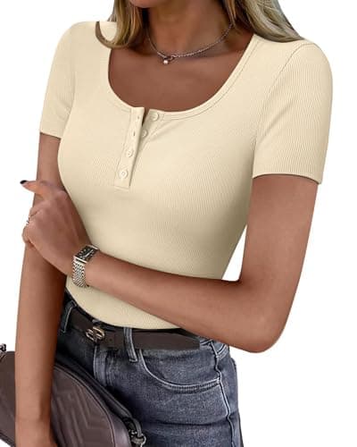 GKBK Ribbed Basic Tees Tshirts for Women Fitted Tight Short Sleeve Tops Dressy Casual Henley Tops Scoop Neck Cute Spring 2025 Trendy Outfits Clothes Beige XS - Image 1