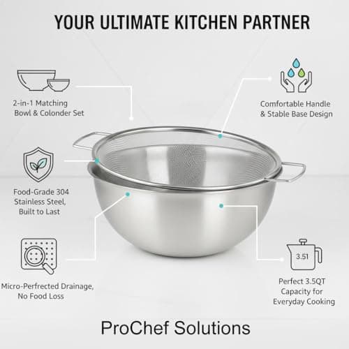 Stainless Steel Colander and Strainer Bowl Set, 3.5QT Kitchen Colander with Handle, 304 Stainless Steel Pasta Strainer and Solid Bowl for Kitchen Use - Thumbnail 2