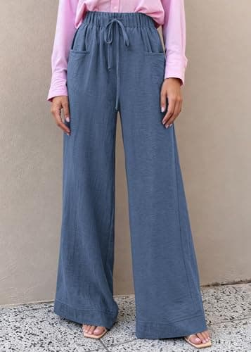 KIRUNDO Wide Leg Palazzo Pants for Women Summer High Waist Flowy Casual Trousers Lounge Pants Beach Vacation Travel Outfits (Dusty Blue, Small) - Thumbnail 2