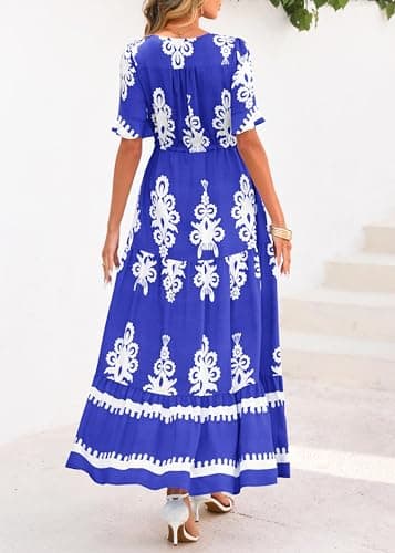 Lazysmile Summer Dresses for Women Short Sleeve V Neck Floral Drawstring Flowy A Line Boho Maxi Dress with Pockets Blue - Thumbnail 2