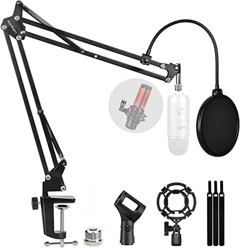 Microphone Stand for Blue Yeti, Quadcast Boom Arm Scissor Mic Stand with Windscreen and Double layered screen Pop Filter Heavy Duty Mic Boom Scissor Arm Stands, Broadcasting and Recording.Game