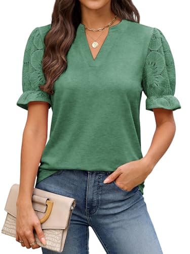 Women's Shirts Dressy Casual Lace Short Sleeve 2026 Spring Summer Tops V Neck Trendy Vacation Work Blouses, Green - Image 1