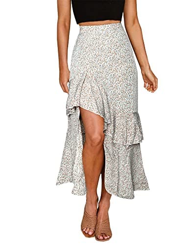 BTFBM Women 2026 Spring Summer Long Skirts Dress Boho Floral Elastic Waist Split Ruffle High Low Beach Maxi Skirt Clothes(Z-White, Small) - Image 1