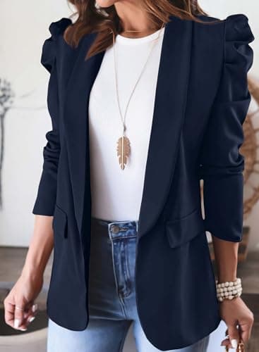 KIRUNDO Women's 2026 Spring Fall Casual Blazers Puff Sleeve Lapel Open Front Work Suit Office Blazer Jackets with Pockets (Dark Blue, Large) - Thumbnail 4