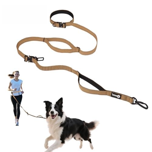 AOTECC Hands Free Dog Leash with Waist Belt, Shock Absorbing Bungee Lead | Padded Handle and Reflective Strip | Walking Jogging Running Leash with Car Safety Buckle, 6.3-9.7Ft