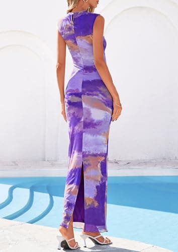 PRETTYGARDEN Summer Dresses for Women 2026 Sleeveless Bodycon Maxi Spring Mock Neck Tie Dye Mesh Cocktail Going Out Dress (Floral Purple,XX-Large) - Thumbnail 4