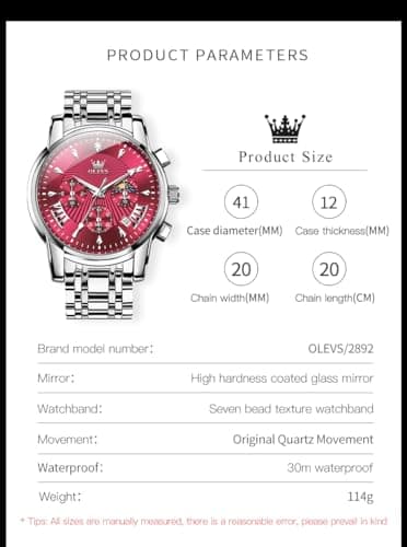 OLEVS Watch Men Red Face Watches for Men Silver Mens Watches Luxury Reloj para Hombre Analog Quartz Dress Stainless Steel Waterproof Chronograph Moon Phase Date Diamond Men's Wrist Watch - Thumbnail 6