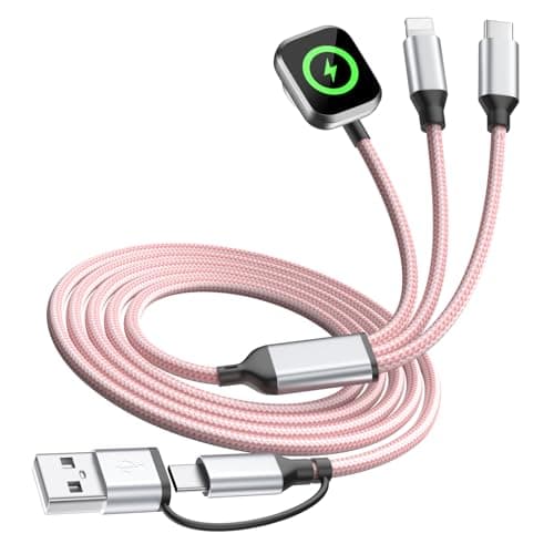 Travel Cruise Essentials,3 in 2 Multi Charging Cable for iWatch Charger/IP/USB C,Pink 1-Pack 5FT Braided USB A/C Cable Designed for Multiple Devices,Car Accessories for iWatch Ultra/SE & iPhone 17-11 - Image 1