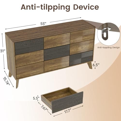 SIDUCAL 9 Drawer Dresser for Bedroom, 55'' W Modern Fluted Dressers TV Stand with Handleless, Wood Tall Dressers Storage Organizer, Wide Chest of Drawers for Bedroom, Dresser for Living Room - Thumbnail 2