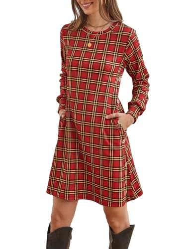 Kikibell Tunic Dress Travel Clothes Women Fall Outfits for Women Sweatshirt Dresses Red Plaid S - Image 1