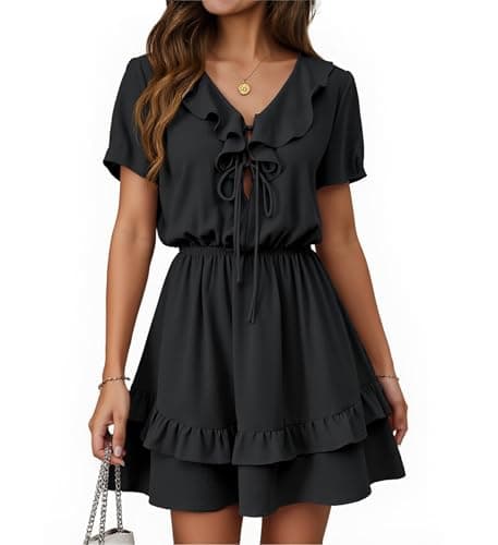 Angashion Womens Tie Front Mini Dress: V Neck Long Sleeve Layer Ruffle Hem Dress with Pockets 2491Black Small - Image 1