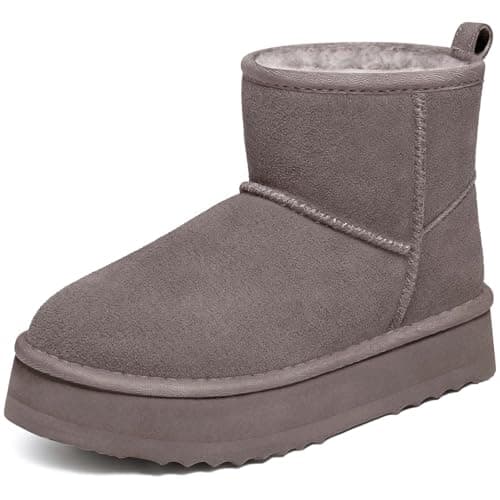 Litfun Suede Platform Mini Boots for Women Genuine Leather Fuzzy Ankle Winter Snow Boots with Fur Lined, Grey 39 - Image 1