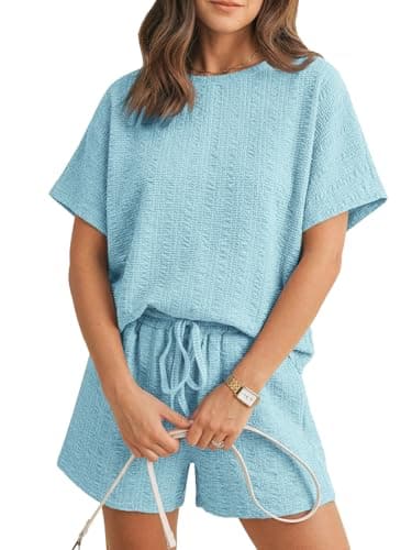 Tankaneo Womens 2 Piece Outfits Shorts Set Summer Casual Short Sleeve Crew Neck Textured T Shirts Tops Lounge Sets - Image 1