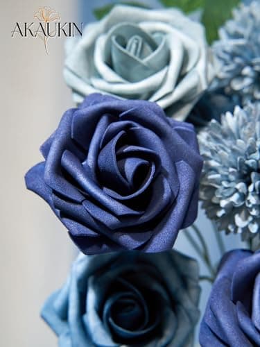 Dusty Blue Artificial Flowers Combo, Fake Silk Dahlia, Roses, Chrysanthemum Balls with Stems for Wedding Bridal Bouquets, Baby Shower, Party, Table Centerpieces, Home Decor & DIY Floral Arrangements - Thumbnail 6