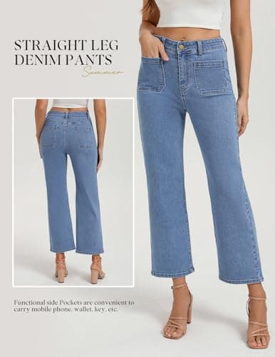 Belle Poque Women Straight Leg Jeans Light Blue Mid Rise Stretchy Wide Leg Denim Pants with Pockets Front (Light Blue, 16) - Thumbnail 6
