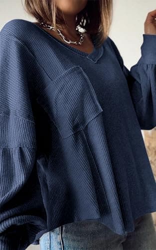 BTFBM Womens Fall Fashion 2026 Long Sleeve Shirts Casual V Neck Ribbed Knit Blouses Pullover Trendy Loose Fit Tunic Tops(Solid Blue, Small) - Thumbnail 4