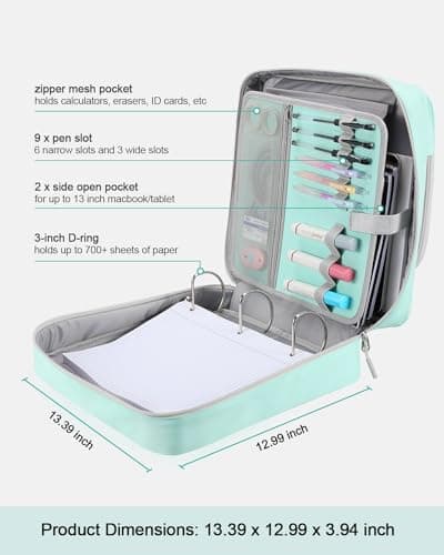 HINOOR 3-Inch 3-Ring Zipper Binder with Shoulder Strap, D-Ring Zip Up Binder with 700 Sheets Capacity, Compatible with 13" MacBook, 12.9" Tablet, for Middle School, College, Office (Mint Green) - Thumbnail 3