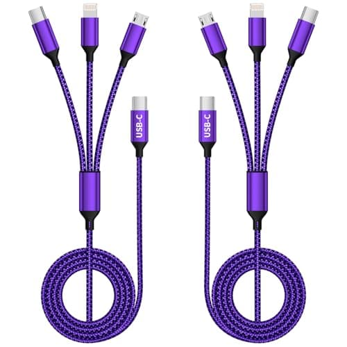 USB C Multi Charging Cable, (2 Pack 4FT), 3 in 1 Charging Cable Nylon Braided Universal Charger Cable with Type-C, Micro USB,IP Port for iPhone16/15 Series/Cell Phones & Pads and Other Devices-Purple - Image 1