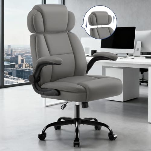 AreShark Ergonomic Office Chair with Lumbar Support, 400lbs Heavy Duty Big and Tall Executive Desk Chair, PU Leather High Back Computer Chair with Flip-Up Arms & Adjustable Headrest, Gray