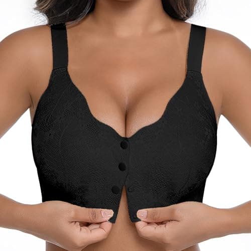 Women's Daisy Bras Front Snap Closure No Underwire Comfortable Soft Seamless Wireless Lace Bralettes Senior Full Coverage Anti Saggy Breast Tshirt Everyday Bra Plus Size Black, 3XL - Image 1