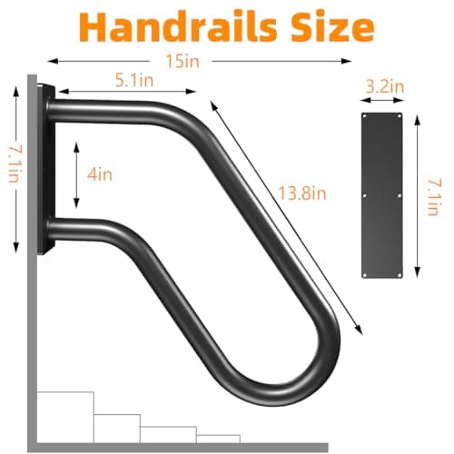 Handrails Wall Mount Stair Safety Handle Non-Slip Step Metal U-Shape Grab Yard Mounted Garage Porch Garden Hand Railings Powder Coated Heavy Duty Indoor or Outdoor Safe Bars (2 Pack) - Thumbnail 3