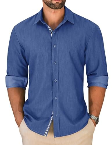 LETSEE Men's Button Down Dress Shirt Long Sleeve Untucked Business Casual Shirt Wrinkle Free Stretch Denim Texture - Image 1