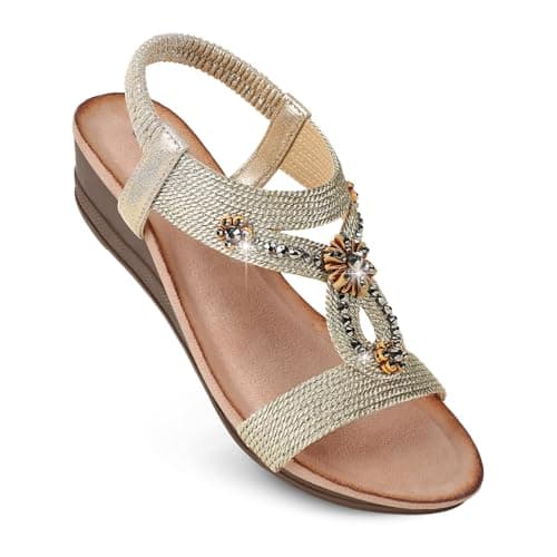 Gold Wedge Sandals for Women Dressy, Woman's Sandal Comfortable Gold Low Wedges Heels Ankle Elastic Strap Sandles with Flower Rhinestones Size 8.5 - Image 1