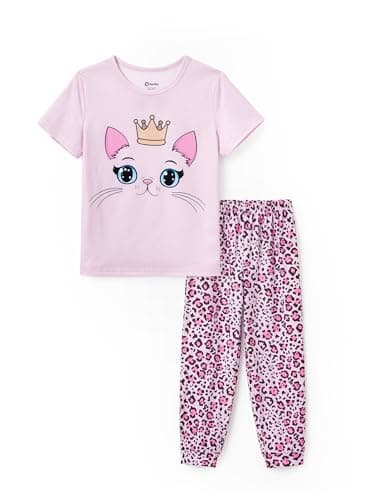 PATPAT Girls Sleepwear Set Cute Graphic Pajamas Soft Short Sleeve Top and Pants Loose Fit 2-Piece Pjs Cozy Nightwear Pink Cat 5 Year - Image 1