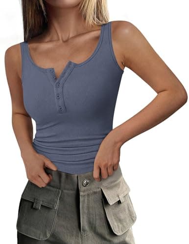 PRETTYGARDEN Womens 2026 Summer Tank Tops Ribbed Knit Slim Fit Sleeveless Henley Shirts Casual Basic Button Up Blouse (Blue Grey,Medium) - Image 1