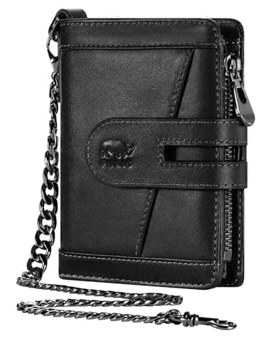 Genuine Leather Chain Wallets for Men: RFID Blocking Mens Wallet with Chain Purse Bifold Zipper Coin Pocket with Anti-Theft Chain, Gift for Father Husband At Birthday - Image 1