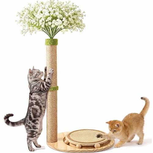 Catails Cute Babys Breath Flower Cat Scratching Post, 39" Tall Cat Scratcher, Interactive Cat Toys with Ball Track & Spring Ball, Cat Scratch Post with Pad for Indoor Cats Adults and Kittens - Image 1