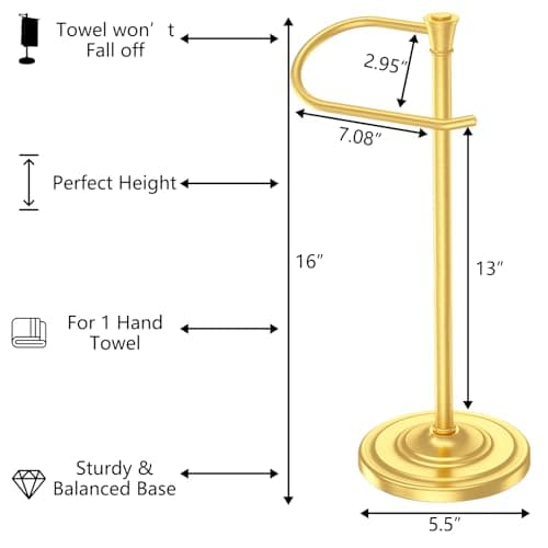 Brass Gold Bath Hand Towel Holder Stand,Stainless Steel 16 Inch Free Standing Towel Rack,Heavy Weight Towel Bar for Bathroom Vanity Countertop &Kitchen - Thumbnail 5