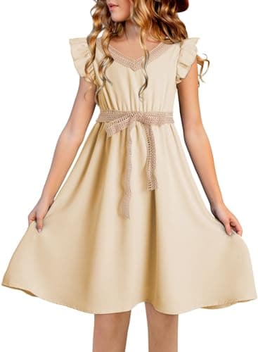 blibean Tween Girls Dresses Summer Short Sleeve Kids Girl Wedding Guest Dress Boho Bohemian Casual Swing Outfit Fashion Semi Formal Party Graduation Clothes Size 6-7 Year Old Cream Beige - Image 1