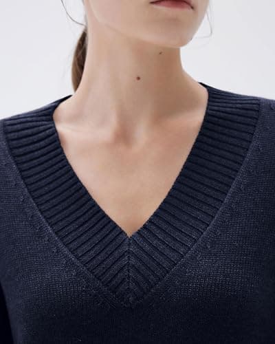 SUUKSESS Women Cashmere Oversized Sweaters V Neck Pullover Tops Fall Winter Long Sleeve Jumpers (Navy Blue,L) - Thumbnail 4