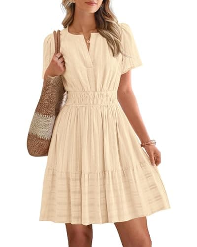 BTFBM Womens Spring 2026 Casual Mini Dresses Lightweight Short Sleeve V Neck Elastic Waist Cute Boho Beach Dress Pockets(Apricot, X-Large) - Image 1