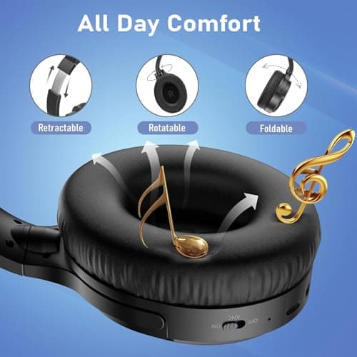 Rebocico Active Noise Cancelling Bluetooth Headphones, Wireless Headphones Over Ear with Microphone, 80H Playtime Deep Bass Comfortable Protein Earpads Headset for Adults, Travel, Gym, Home,Office - Thumbnail 4