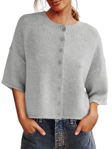 Saodimallsu Womens 3/4 Sleeve Cardigan Sweater Button Down Cropped Crewneck Cardigan 2025 Fall Casual Knit Tops Grey - Image 1